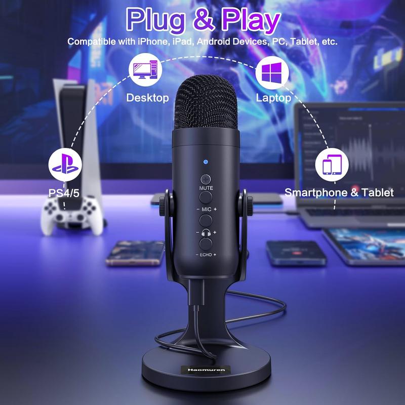 Micrófono de condensador USB Haomuren K66 [sin adaptador Lightning], micrófono para juegos de PC, micrófonos Plug & Play para PS4 y PS5. Ajuste de monitor y control de volumen, control de ganancia del micrófono, botón de silencio para TikTok, YouTube Podc