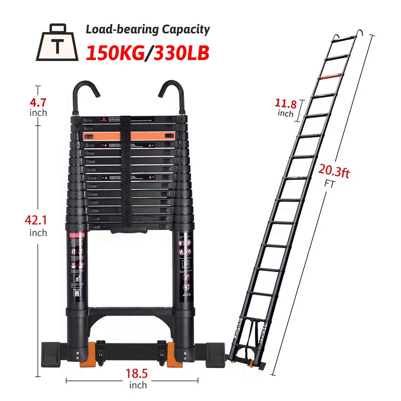 Escalera telescópica de 20,3/23 pies, de aluminio, resistente, con capacidad máxima de 330 libras, con 2 estabilizadores triangulares, escalera plegable multiusos, TikTokShopBlackFriday