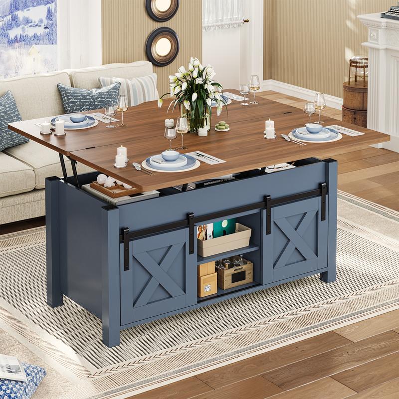 Mesa de centro Sedeta 4 en 1 multifuncional con tapa elevable - Muebles de sala de estar de estilo rústico en roble envejecido, mesa de comedor convertible con diseño plegable, puertas corredizas, almacenamiento y compartimento oculto, mesas de comedor co