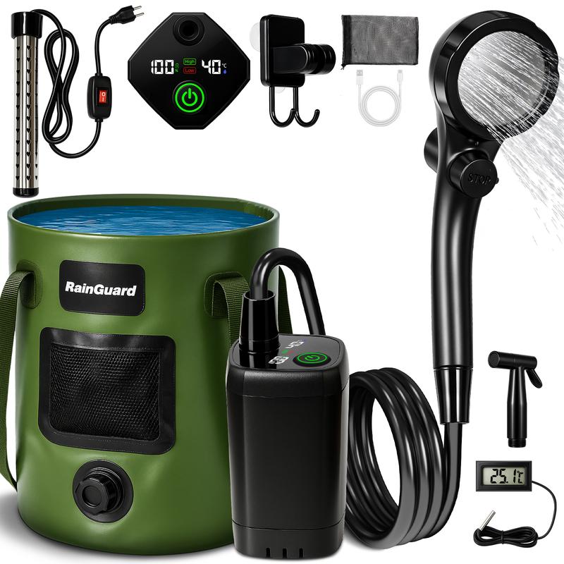 Ducha portátil para exteriores con bomba recargable de 6000 mAh, pantalla LED, cabezal ajustable de 3 modos con filtro PP, ventosas y cubo plegable de 5 galones: suministros esenciales para acampar, senderismo, viajes y lavado de autos.