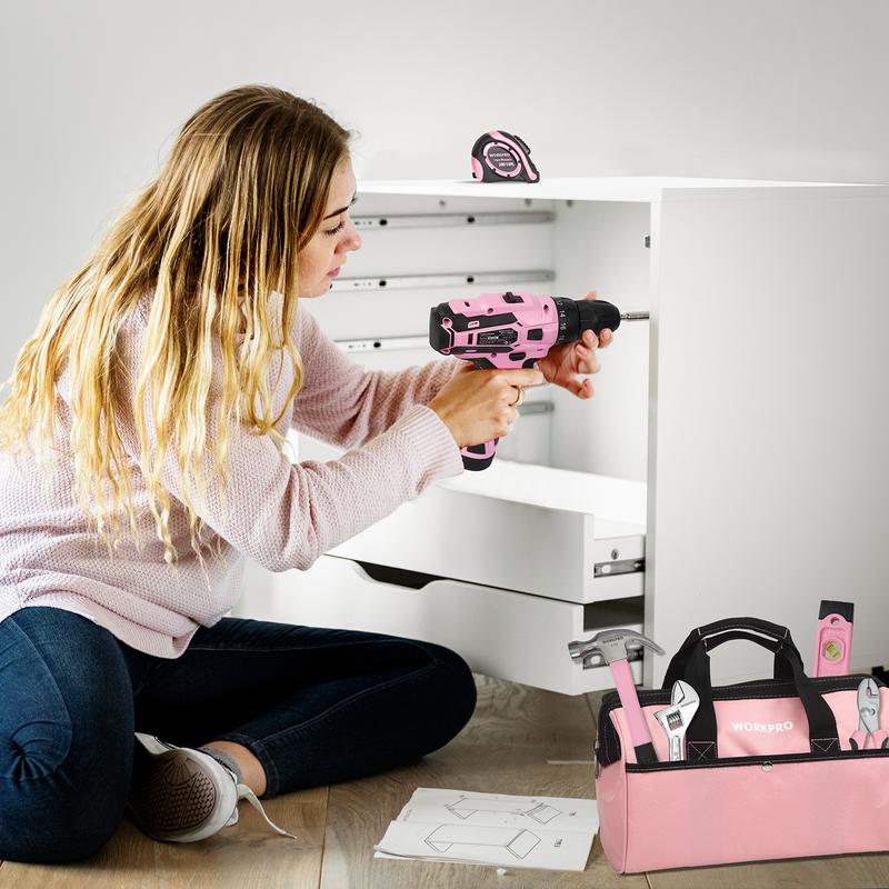 #rebajasdeverano WORKPRO Taladro atornillador inalámbrico rosa de 12 V y kit de herramientas para el hogar, juego de herramientas manuales para bricolaje y mantenimiento del hogar, incluye bolsa de almacenamiento de 35 cm - Cinta rosa