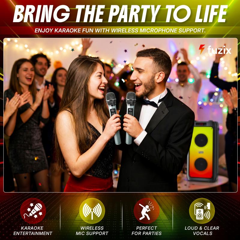 Altavoz portátil Bluetooth Fuzix Pulse de 30 W para fiestas, micrófono inalámbrico para karaoke, luces LED dinámicas, emparejamiento estéreo TWS, radio FM, Bluetooth 5.3, carga USB-C, entrada AUX, tarjeta TF y MicroSD, control remoto, perillas de eco y ec
