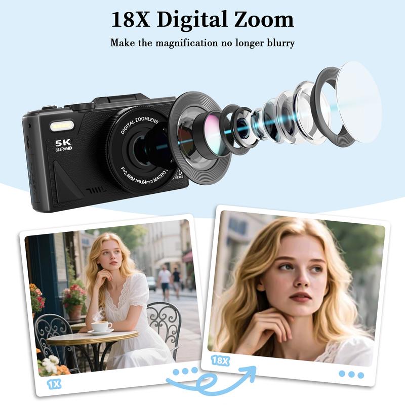 Cámara digital 5K 2026, cámara retro portátil, cámara digital de 180° con pantalla abatible, cámara para vlogging con zoom digital 18X, cámaras para fotografía, cámara de viaje compacta para adolescentes, regalos de verano