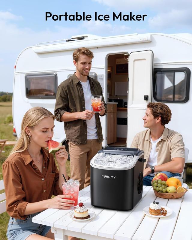 Máquina de hielo de sobremesa con asa, 12 kg en 24 horas, 9 cubitos de hielo listos en 6 minutos, máquina de hielo portátil con autolimpieza, cesta y pala, para el hogar/cocina/camping/caravana.