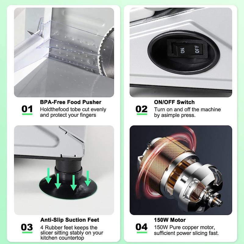 Cortadora de carne eléctrica para el hogar, cortadora de alimentos con cuchillas extraíbles de acero inoxidable de 17 cm (6,7 pulgadas), grosor ajustable de 0 a 15 mm, fácil de limpiar, 150 W, ideal para embutidos, queso, pan y frutas.