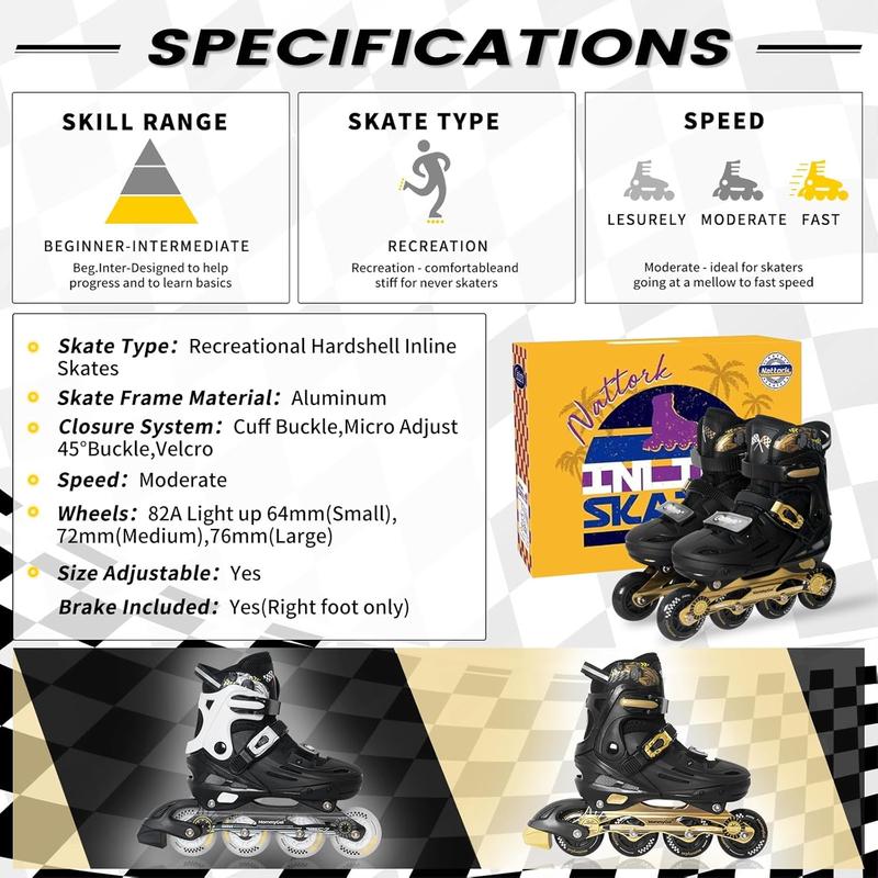 Patines en línea Nattork para niños y niñas (de 6 a 12 años): patines de velocidad ajustables en 4 tallas con ruedas de poliuretano brillantes de rodadura suave, patines en línea agresivos de alto rendimiento.