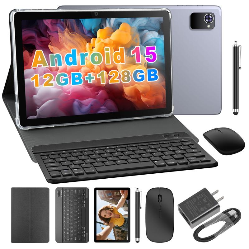 Tablet Android 15, tableta de 10 pulgadas con teclado, ratón, lápiz óptico, funda, 12 GB + 128 GB, batería de 6000 mAh, cámara de 13 MP + 5 MP