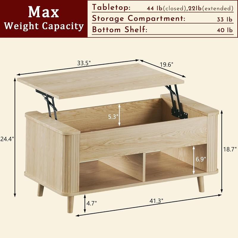 Mesa de centro elevable con almacenamiento, mesa de centro moderna de mediados de siglo de 104 cm con diseño de perfil estriado y curvo, compartimento de almacenamiento oculto, mesa de centro con estante inferior para sala de estar u oficina, roble.