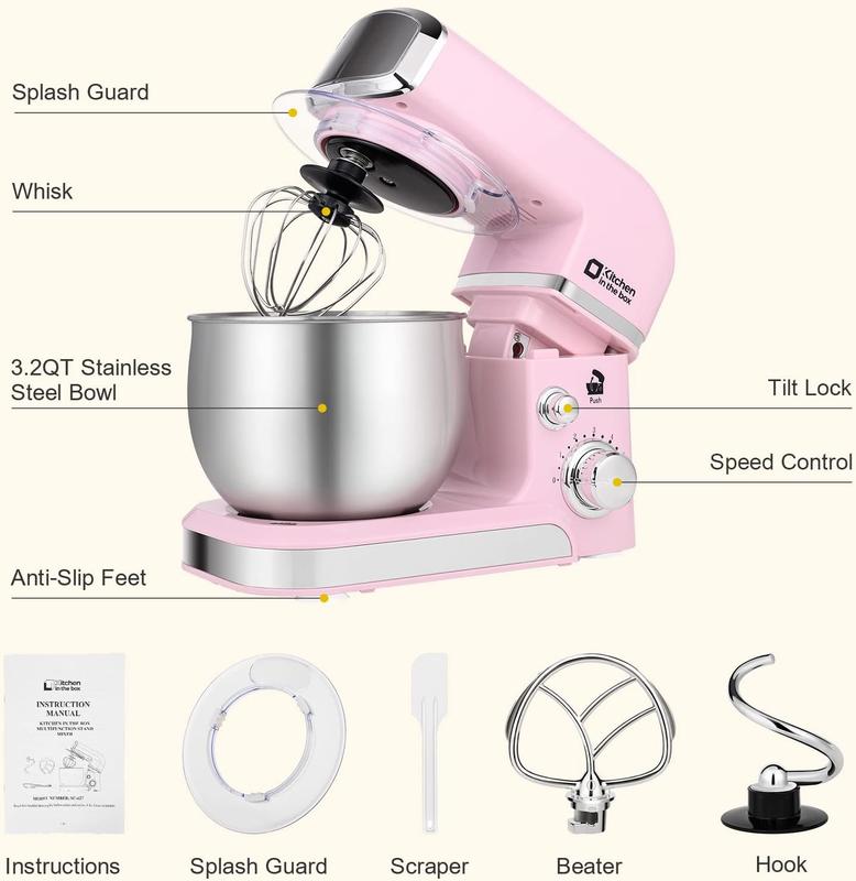 Batidora de pie Kitchen in the Box de 3,2 cuartos de galón: batidora de alimentos compacta y ligera, 6 velocidades, máquina mezcladora de cocina multifuncional para hornear pequeñas cantidades, batidora de pie multifuncional.