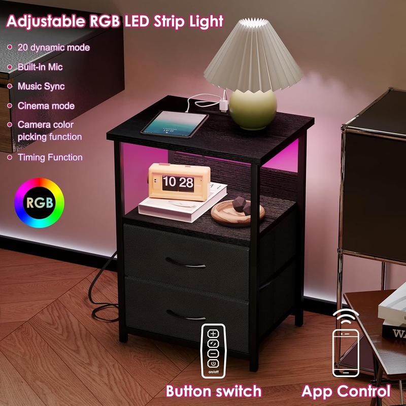 【Summergarden】Mesita de noche con estación de carga, mesita de noche LED con puertos y tomas USB, 2 cajones de almacenamiento de tela con acabado de PU, mesita de noche pequeña, negra