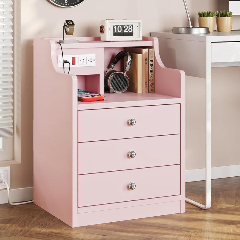 Mesita de noche Sikaic con estación de carga, mesita de noche rosa con estantería, mesita de noche con cajones, mesita de noche con almacenamiento, muebles para el hogar, artículos esenciales para dormitorios universitarios.
