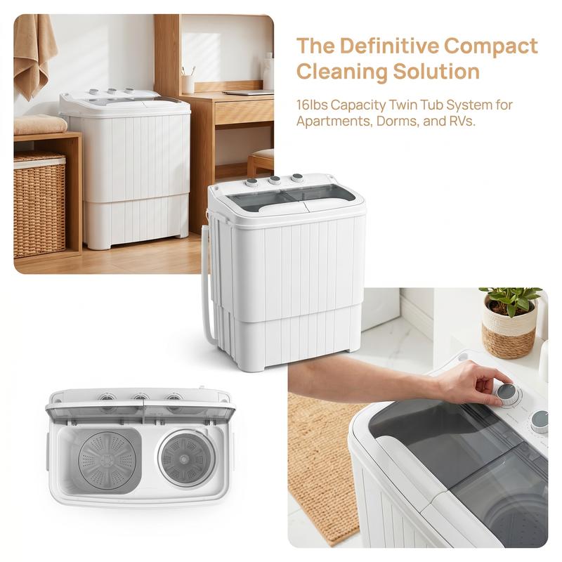 Lavadora semiautomática de doble tina de 15 libras, capacidad total de 16 libras, lavado de 9,6 libras + centrifugado de 5,4 libras, lavadora compacta para apartamentos, dormitorios, vehículos recreativos, camping, uso diario doméstico, gris