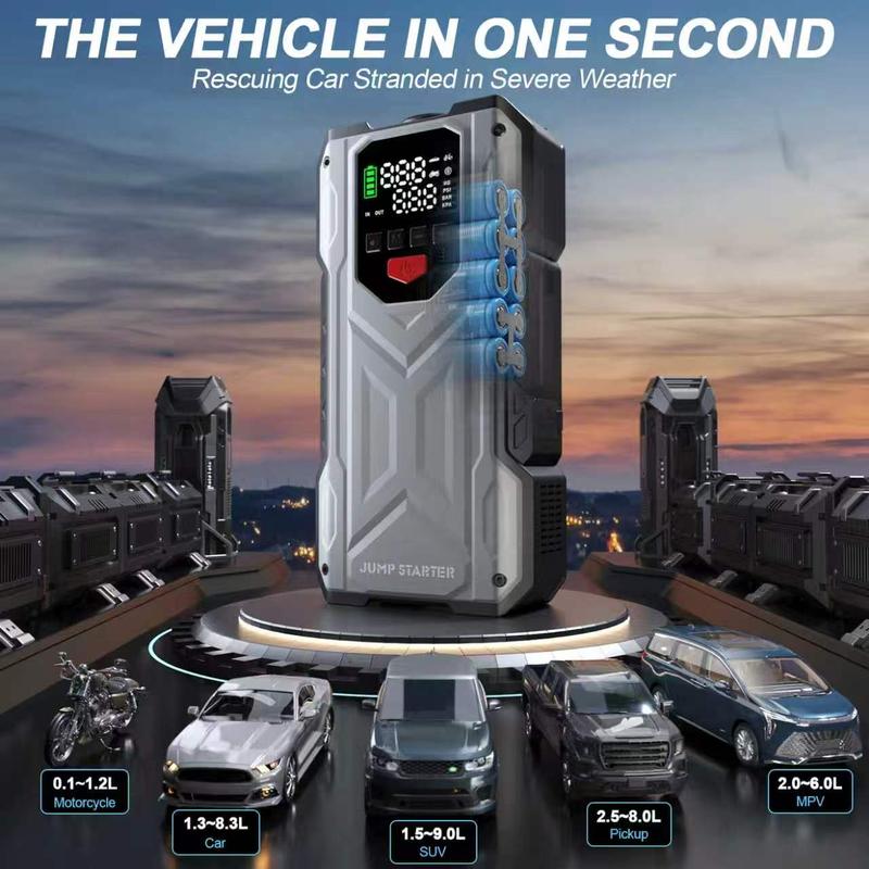 Arrancador de coche de 16000 mAh con compresor de aire incorporado - Arranque de vehículos de 12 V, compatible con modelos de gasolina de 10 L y diésel de 9 L, herramienta portátil multifuncional de rescate en carretera.