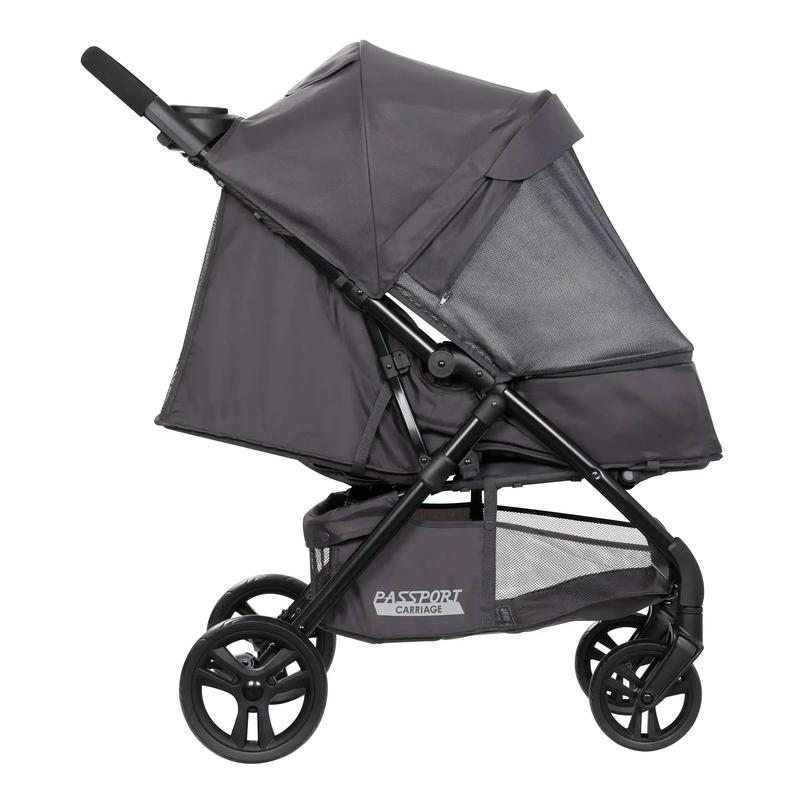 Cochecito con cabina Comfort Cabin, capota con cremallera completa para protección solar y cesta de almacenamiento grande.