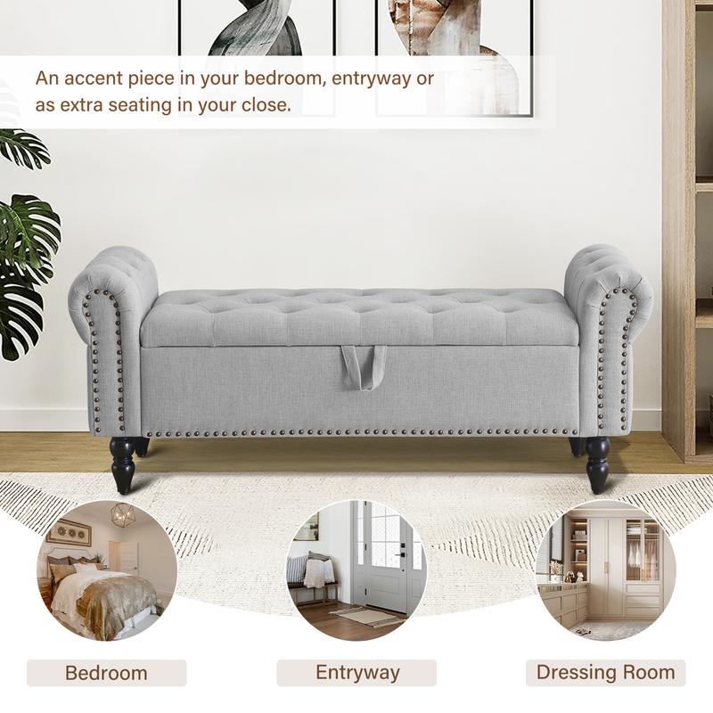 Banco otomano con almacenamiento para cama Queen/King, banco tapizado para el pie de la cama con brazos enrollados para dormitorio, sala de estar, recibidor, taburete acolchado suave, reposapiés