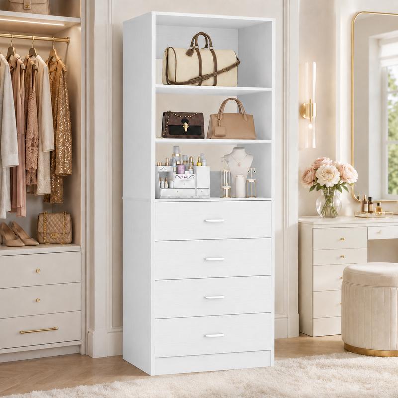 Sistema de armario independiente de 21.3" de ancho con 4 cajones para espacios pequeños, organizador de vestidor, cómoda alta y estante de exhibición, mueble de tocador de madera, artículos esenciales para dormitorios, decoración del hogar