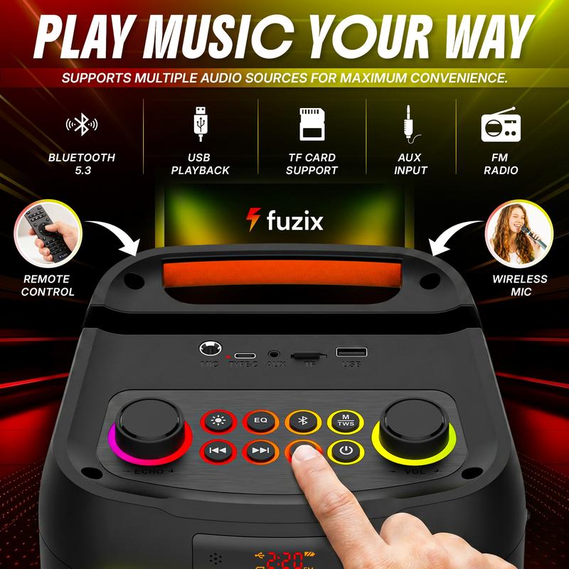 Altavoz portátil Bluetooth Fuzix Pulse de 30 W para fiestas, micrófono inalámbrico para karaoke, luces LED dinámicas, emparejamiento estéreo TWS, radio FM, Bluetooth 5.3, carga USB-C, entrada AUX, tarjeta TF y MicroSD, control remoto, perillas de eco y ec