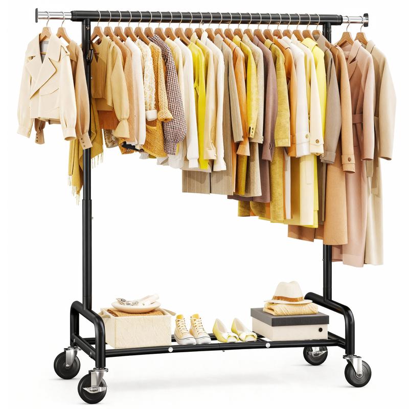 Perchero Raybee de alta resistencia con capacidad de carga de 450 libras, perchero para colgar ropa, perchero rodante con ruedas y estante, perchero portátil y ajustable, cromado, dorado.