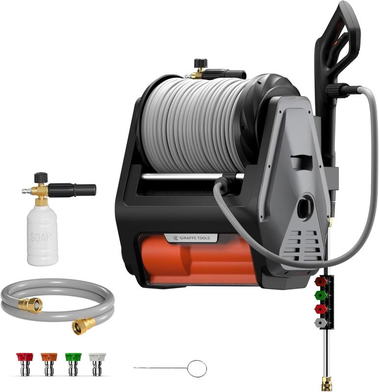 Hidrolavadora retráctil Pro con manguera de alta presión de 30 m (100 pies), motor mejorado y sistema de parada total, manguera flexible ecológica, 3700 PSI, 1.6 GPM.