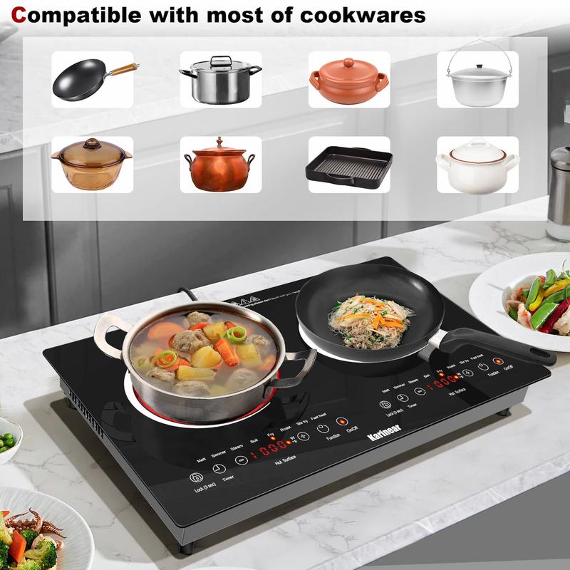 Placa de cocina eléctrica portátil multifunción Karinear de 2 quemadores, cocina eléctrica con control táctil, bloqueo de seguridad para niños, temporizador, protección contra sobrecalentamiento, electrodoméstico de cocina, placa de cocina portátil.