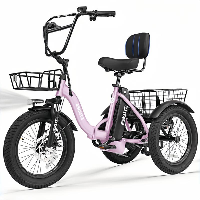 Triciclo eléctrico plegable ESKUTE T300 de fácil acceso para personas mayores, 1200 W de potencia máxima, batería de 624 Wh, neumáticos anchos de 18x3.0, autonomía máxima de 55 millas, diferencial trasero, acelerador con asistencia al pedaleo ajustable, r