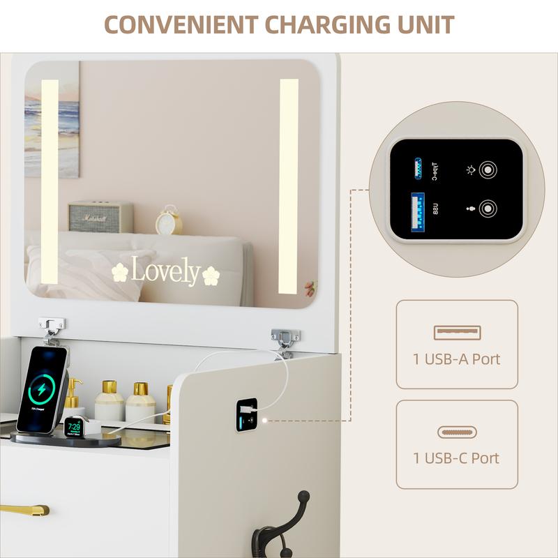 Tocador compacto 3 en 1 Vlsrka: tocador con espejo, lámpara integrada, cajones de almacenamiento y taburete, tocador con espejo para dormitorio, tocadores de maquillaje inteligentes y automáticos para residencias estudiantiles, tocadores con lámpara integ
