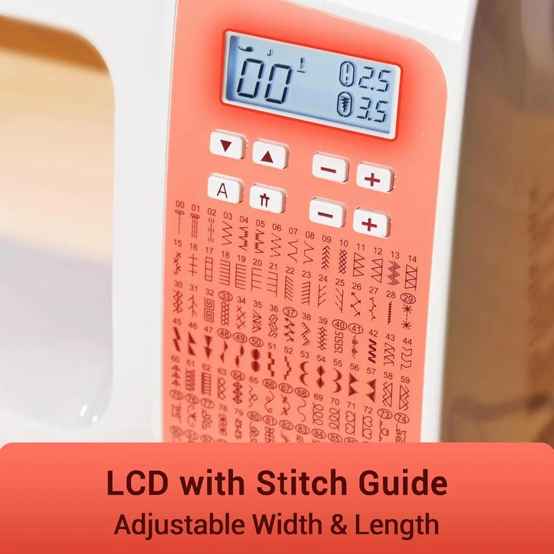 Máquina de coser electrónica PooLin EOC02RE, ideal para principiantes, modelo doméstico multifuncional con puntada invisible, opciones alfabéticas para costura DIY, puntadas incorporadas.