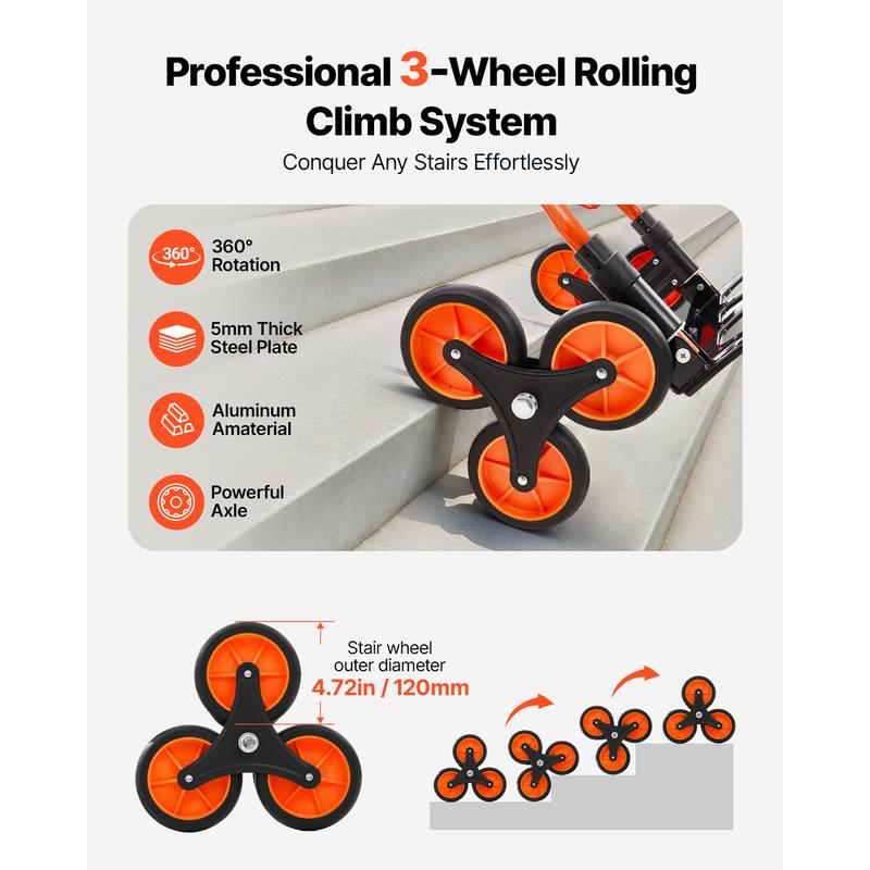 【Summerfinds】VEVOR Stair Climbing Dolly - 120 lbs Capacity, Portable Foldable Ergonomic Durability Cart, Telescoping Handle, 6 Large Wheel Carts, 2 Bungee Cords for Home, Groceries, Durability Carts