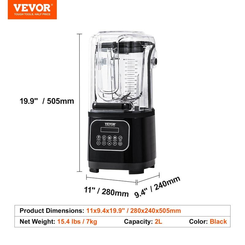 Licuadora profesional VEVOR con pantalla táctil y protector, máquina de jugo multifuncional comercial de mostrador, combo de 68 oz con acero inoxidable, 9 velocidades y juego de cuchillas silenciosas de 5 funciones, para batidos, smoothies, triturar hielo