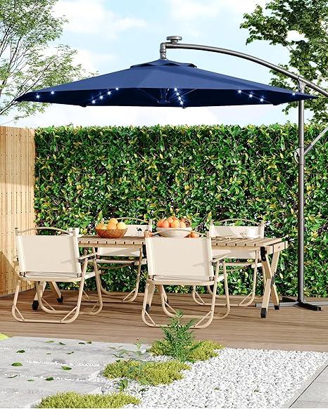 Sombrilla de patio voladiza de 3 metros con inclinación infinita | Luces LED solares, base en cruz y gran sombrilla para exteriores, ideal para jardín, piscina o césped.