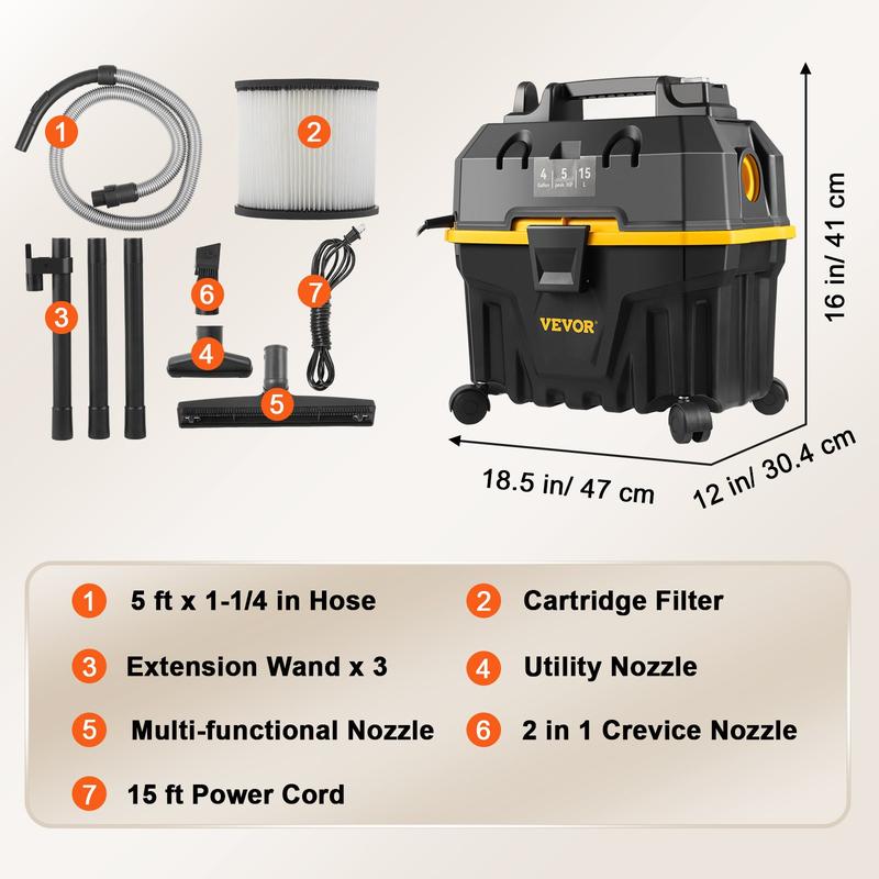 Aspiradora VEVOR para sólidos y líquidos, capacidad máxima de 8 galones, 6 HP de potencia máxima, 3 en 1, con función de soplado, portátil con accesorios para limpiar pisos, tapicería y espacios. Certificación ETL. Aspiradora de alta potencia con potente