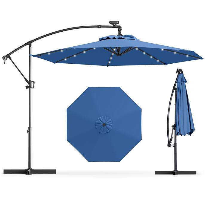 Sombrilla de patio solar giratoria de 360° de 3 metros, sombrilla de exterior con brazo lateral descentrado, fácil ajuste de inclinación, manivela y base en cruz para piscina, terraza, jardín o patio trasero.