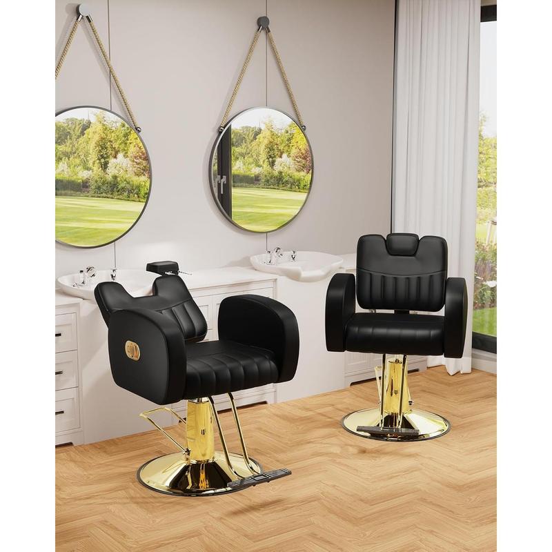 Silla de salón ergonómica dorada con cómodos cojines acolchados, silla de estilista resistente con estructura de acero, elegante silla de peluquería con tapicería de cuero, capacidad de peso de 200 kg (440 lbs).