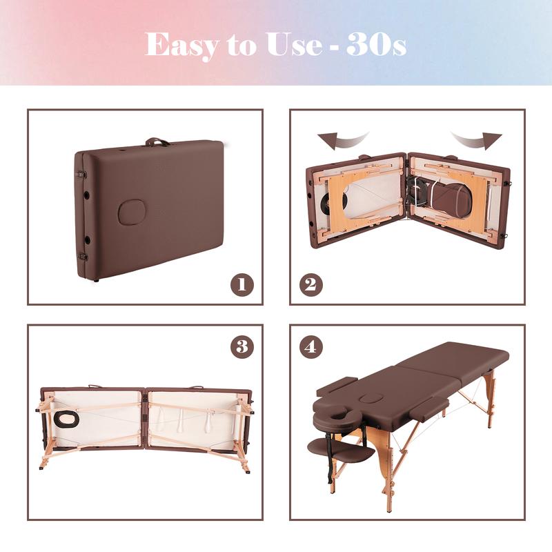 Mesa de masaje portátil ancha, sillón reclinable plegable de 213 cm (84 pulgadas), camilla de spa ajustable en 9 alturas con estuche de transporte, reposacabezas, color marrón (muebles para camping y senderismo).