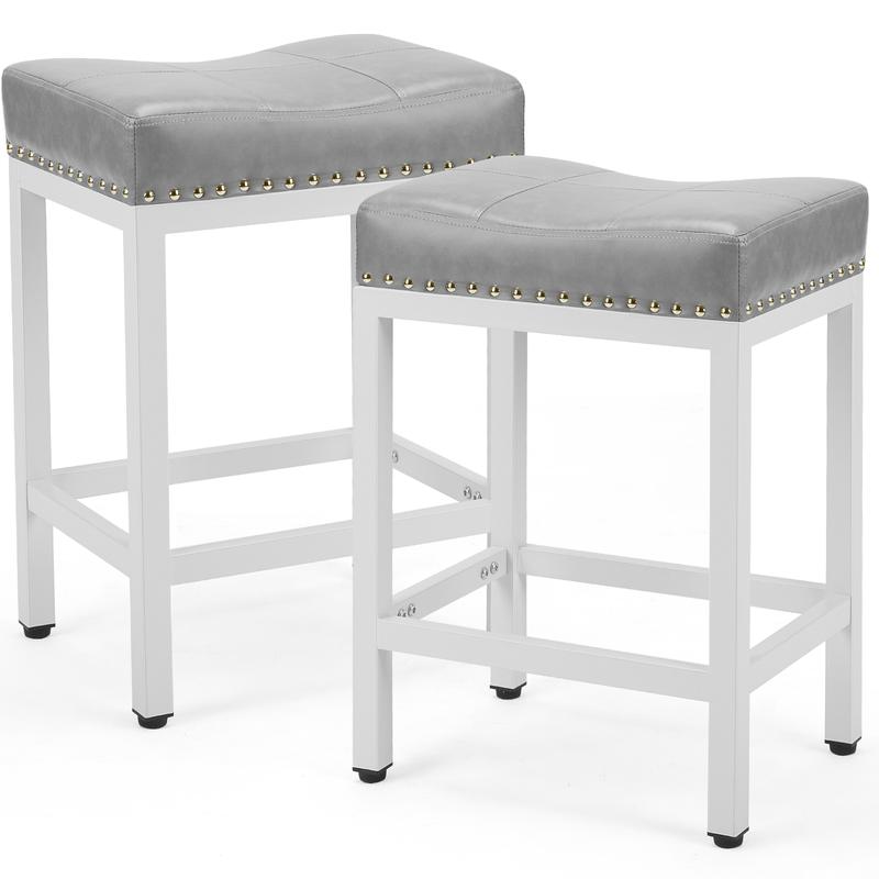 Taburetes ergonómicos sin respaldo de 61 cm (24 pulgadas) de cuero sintético, paquete de 2 - Sillas de interior con base totalmente metálica, fácil montaje, estilo bohemio rústico, muebles de bar para el hogar, cocina, cafetería, happy hour en casa, silla