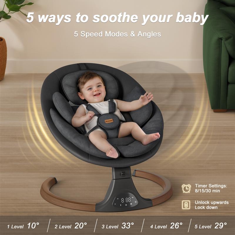 Columpio inteligente de lujo BabyBond con 10 melodías relajantes preestablecidas y música Bluetooth para recién nacidos y niños pequeños - Diseño ergonómico, arnés de 5 puntos, control remoto y panel IMD - Asiento, regalo para el Día de la Madre