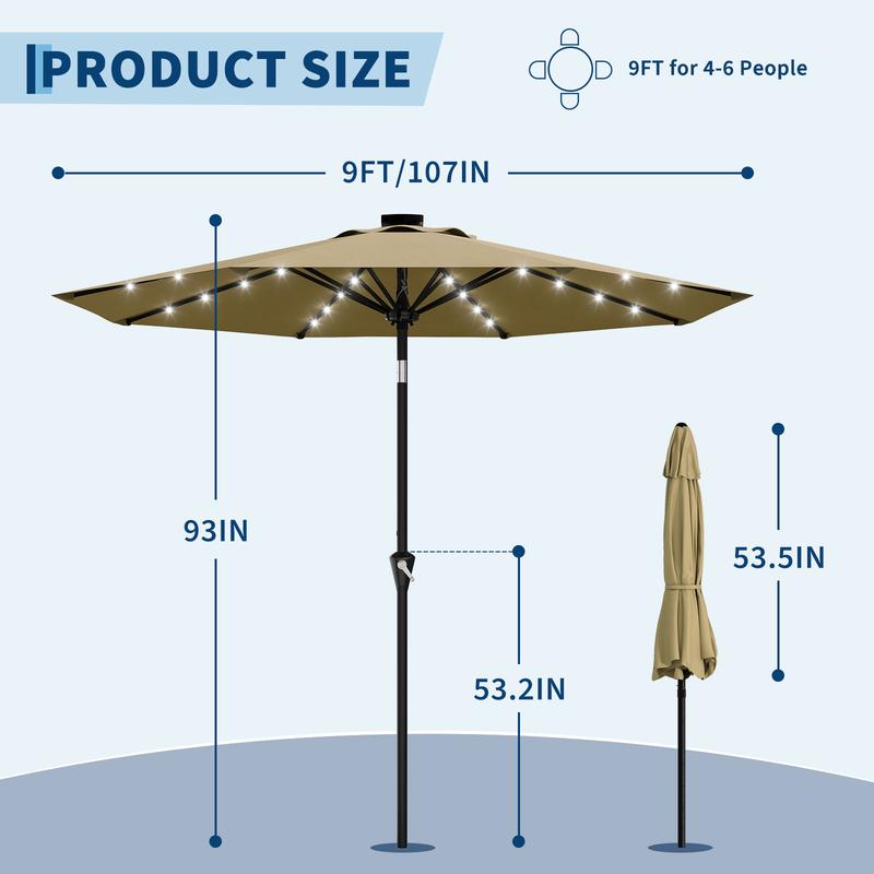 Sombrilla de exterior Garvee Modern de 300 cm (9 pies) resistente con luces LED solares, estructura de 8 varillas de alta resistencia, doble inclinación de 30°, manivela de fácil uso, sombrilla de protección solar resistente a la intemperie para jardín, b