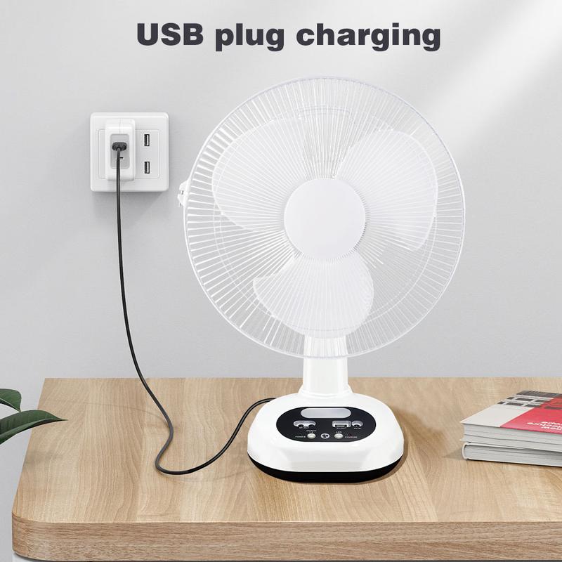 Ventilador de mesa recargable con bombillas LED y panel solar, batería de 6 V y 4500 mAh, motor de CC de 18 W, carga USB, flujo de aire de gran angular, kit de ventilador solar portátil para uso en interiores y exteriores.