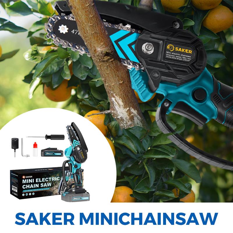 Mini motosierra Saker de 4/6 pulgadas - Batería de larga duración de 3000 mAh (2 unidades), motor de cobre puro mejorado, sierra eléctrica de una mano para hombres y mujeres, herramienta portátil para cortar madera y jardín. Regalo ideal.