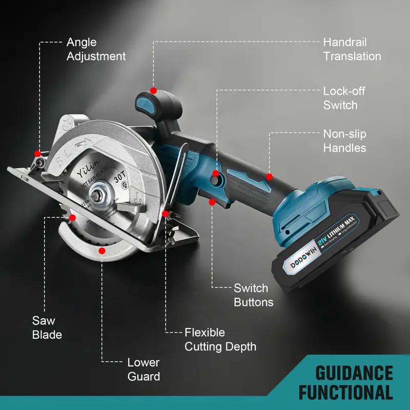 Kit de sierra circular inalámbrica DODOWIN - Baterías inteligentes duales de 21 V, cargador, hojas de sierra incluidas, 2 profundidades de corte ajustables de 45°, hasta 6900 RPM - Sierras a batería para carpintería, proyectos de jardinería, regalo de Nav