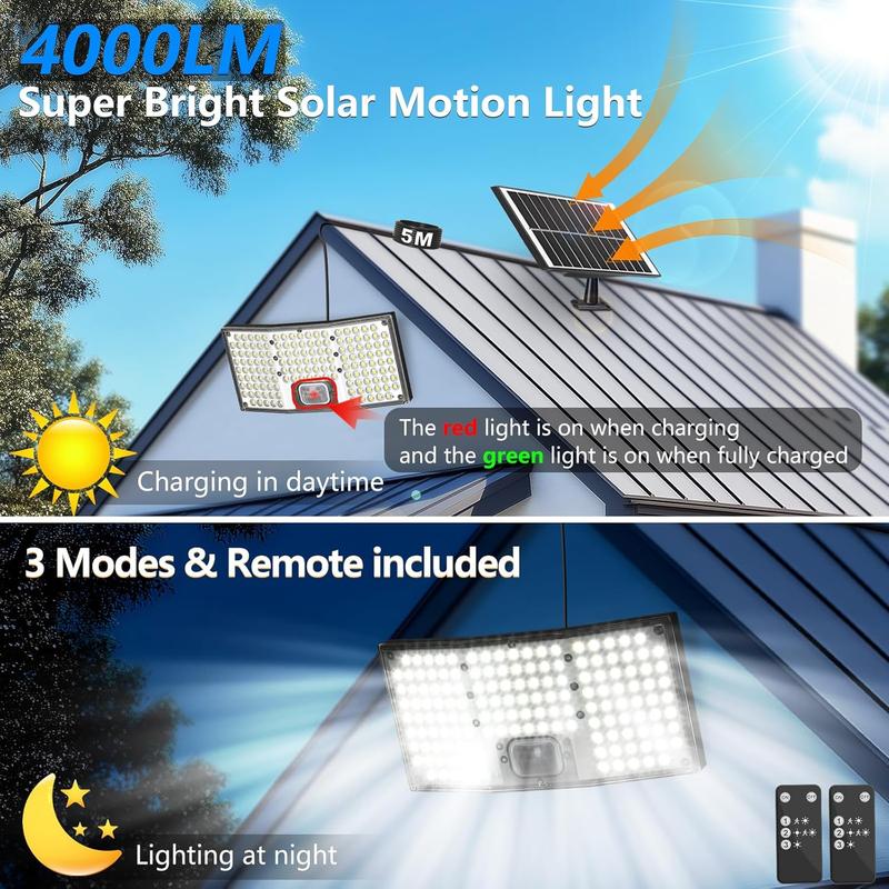 MATULSA 4/2 Luces solares con sensor de movimiento, focos LED solares con control remoto, luces de seguridad de 4000 lúmenes con sensor crepuscular, panel separado, 3 modos/IP65/cable de 5 metros, iluminación exterior para patio y garaje #SummerVibes,camp