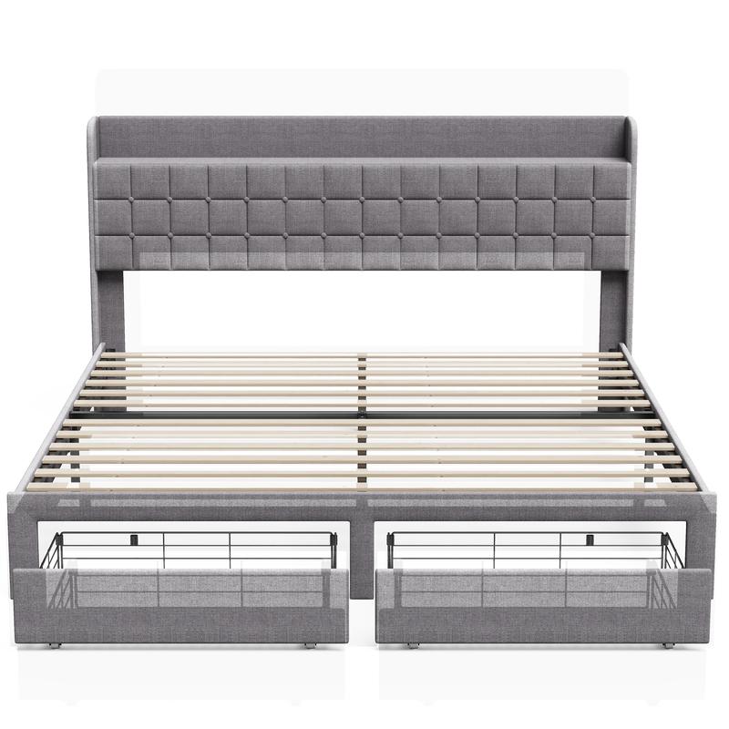 Estructura de cama híbrida resistente de metal tapizado con cabecero de tela - Tamaño Queen/King, 2 cestas de almacenamiento de metal, fácil montaje, decoración contemporánea para el hogar, muebles para apartamentos.