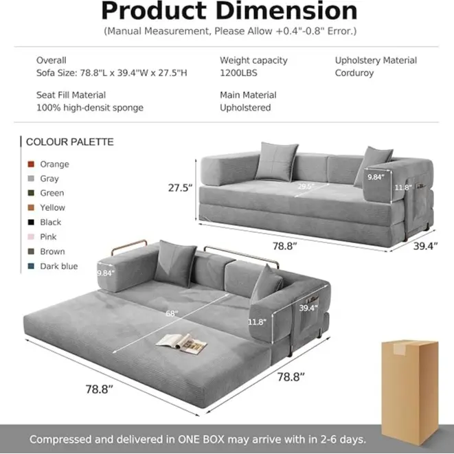 Sofá cama convertible de suelo de 78 pulgadas con espuma de alta densidad y suave pana