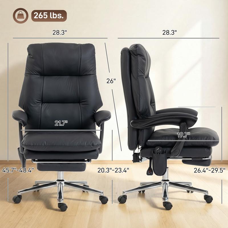 Sillón de oficina con masaje y vibración de 6 puntos, sillón reclinable acolchado con respaldo alto, tapizado en cuero sintético, reposapiés, cojín de muelles grueso, soporte lumbar, altura ajustable y ruedas giratorias.
