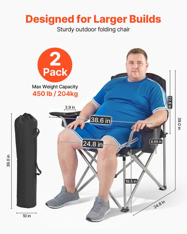 Sillas plegables extragrandes para camping VEVOR, paquete de 2, estructura metálica resistente de 204 kg, respaldo y reposabrazos acolchados de algodón resistente a la abrasión, portavasos, bolsillo lateral, bolsa térmica, bolsa de transporte para pesca a