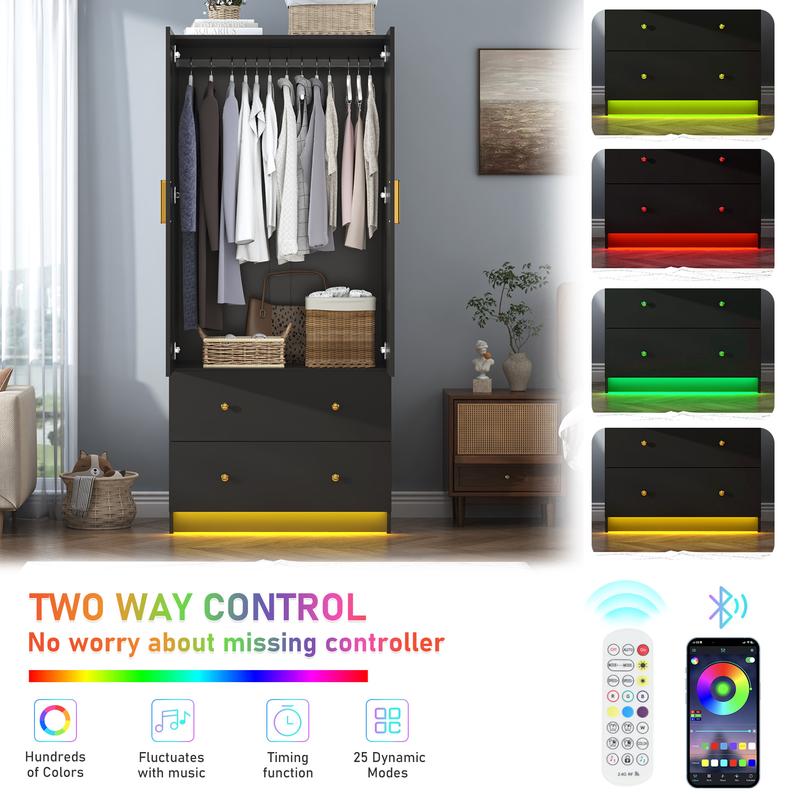 Armario moderno de 2/3 puertas con espejo, 2 cajones y luces LED RGB, armario con barra para colgar ropa para almacenamiento en el dormitorio, artículos esenciales para dormitorios, decoración del hogar