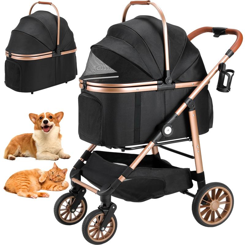 Cochecito para mascotas TLGREEN para perros y gatos medianos de hasta 25 kg, cochecito todoterreno 3 en 1 con transportín desmontable, ruedas de goma, plegado con un solo clic, cesta de almacenamiento y portavasos, cochecito de viaje para exteriores para
