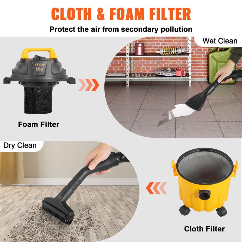 Aspiradora VEVOR para sólidos y líquidos, capacidad máxima de 8 galones, 6 HP de potencia máxima, 3 en 1, con función de soplado, portátil con accesorios para limpiar pisos, tapicería y espacios. Certificación ETL. Aspiradora de alta potencia con potente