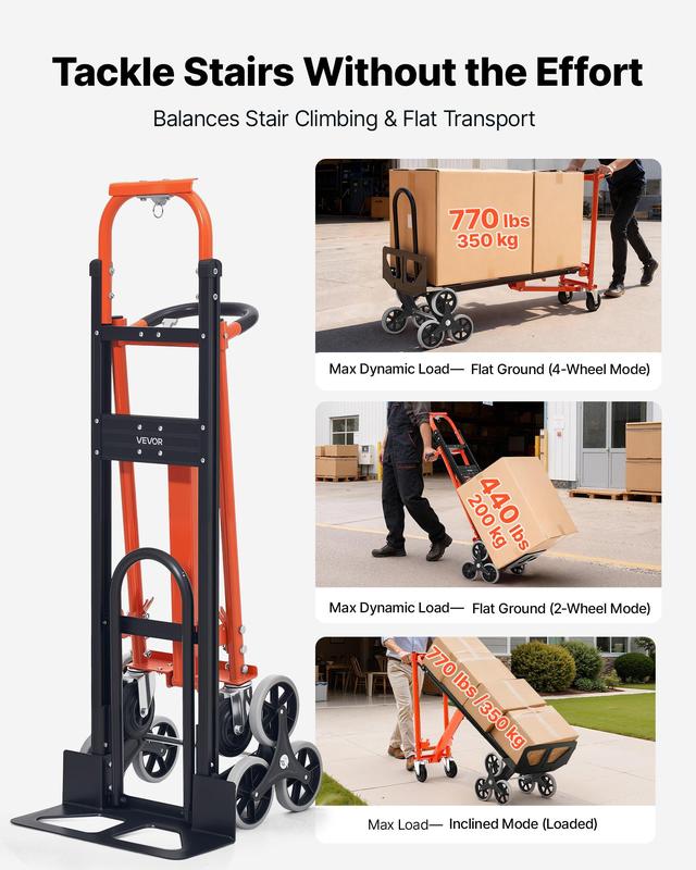 Carro industrial convertible 3 en 1 para subir escaleras, carga máxima de 350 kg, carretilla plegable con asa y ruedas, carro utilitario para subir escaleras, transporte y mudanzas, color naranja y plateado.