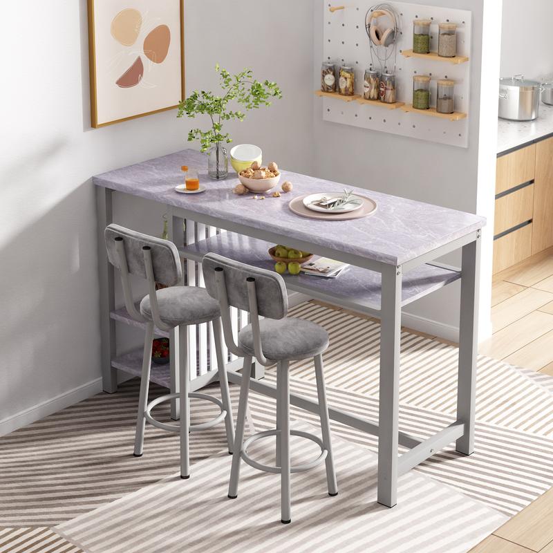 Juego de 3 mesas y sillas de bar AWQM, mesa moderna de imitación mármol blanco con 2 taburetes de bar con cojines de PU, mostrador de cocina con estantes de almacenamiento de 3 niveles, mesa que ahorra espacio para el hogar y la cocina, marco negro, juego